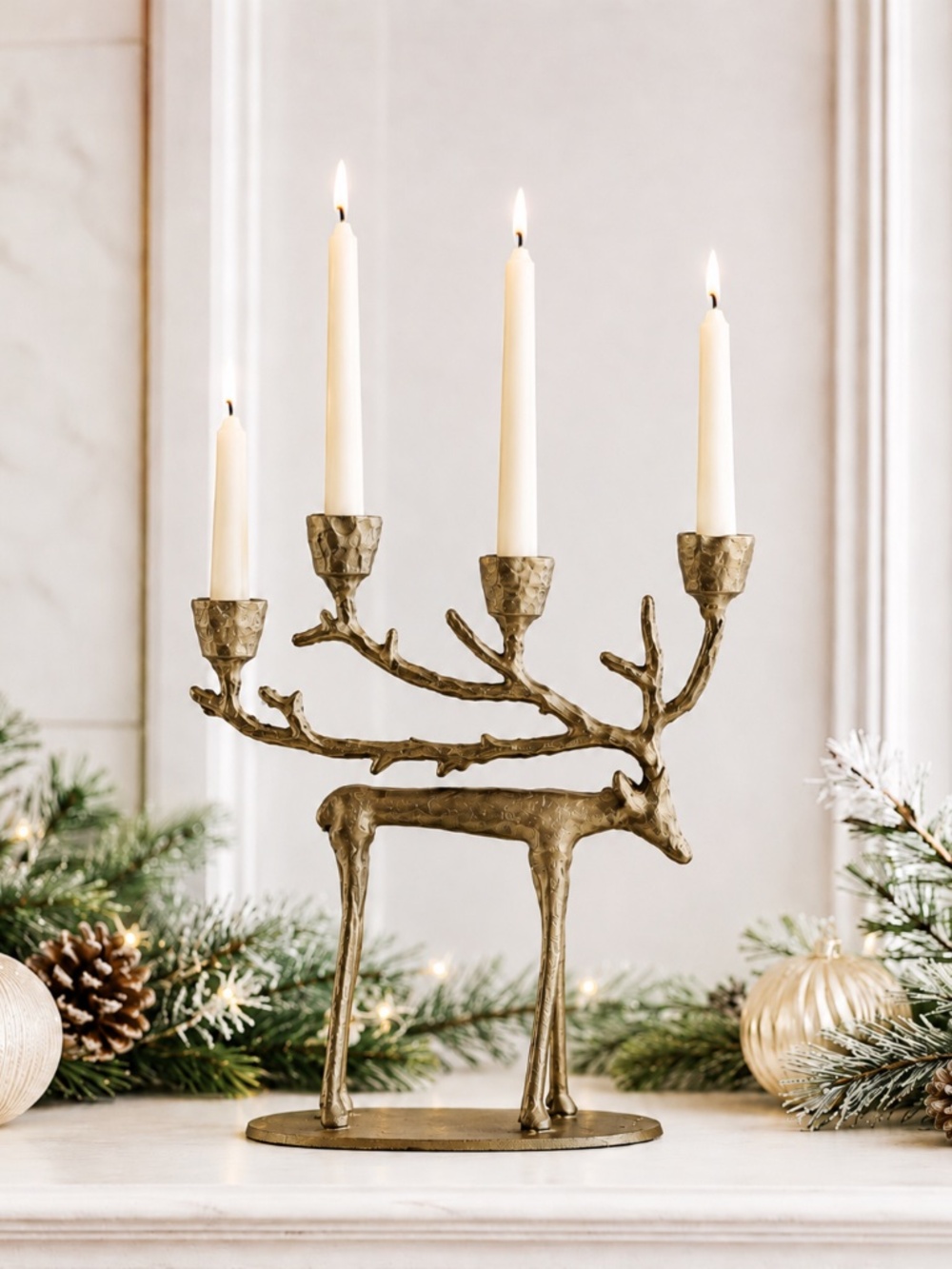 Gold Reindeer 4 Taper Candle Holder Christmas Candelabra Merry Moments